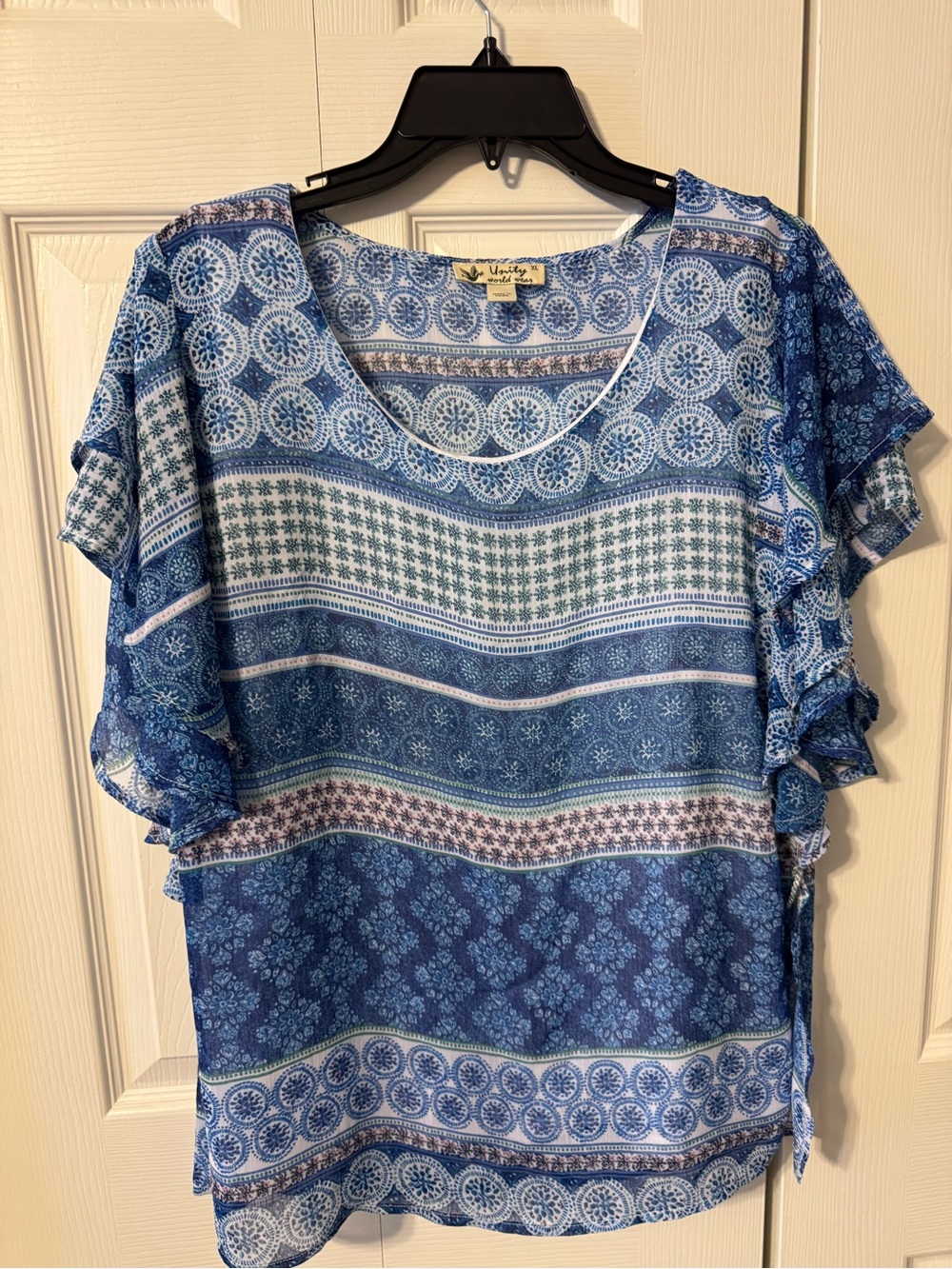 Unity World Wear Blue Patterned Flutter-Sleeve Blouse